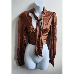 Wilfred Blouse Womens Small Satin Crop Top Long Sleeve Ruched Tie Front Cupro